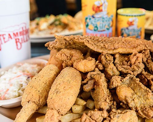 Cajun dishes served in a bright dining room.