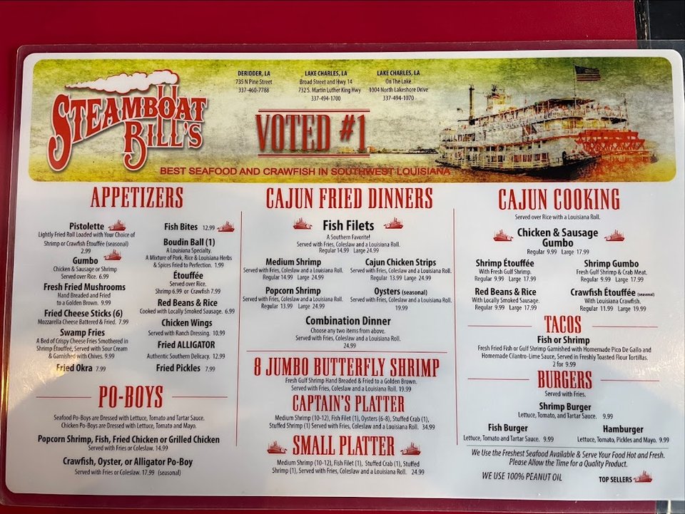 Printed seafood menu with Cajun appetizer selections.