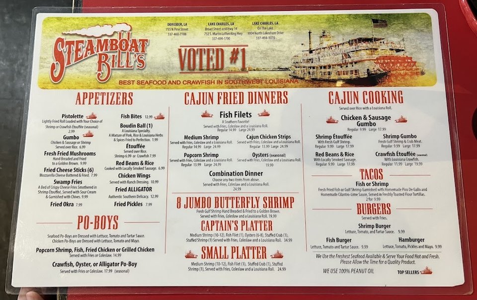 Menu page featuring seafood and Louisiana favorites.