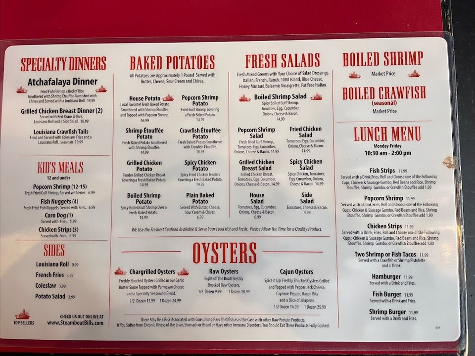 Appetizers section from a casual seafood restaurant menu.